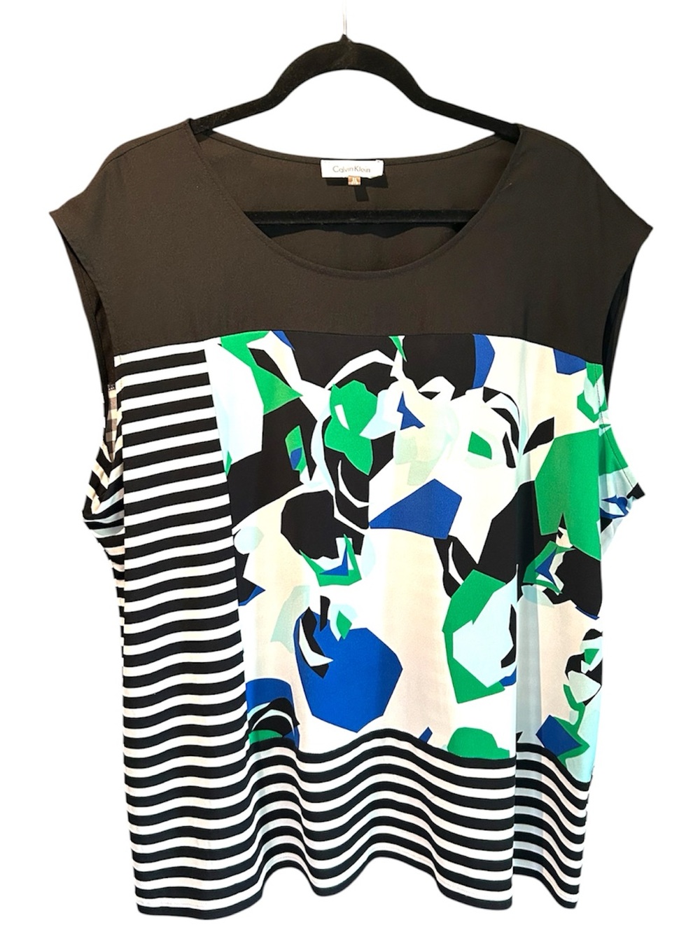Calvin Klein Abstract Print Cap Sleeve Top in Black, Blue & Green